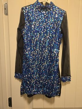 Girls Royal Blue Sequin Performance Dress with Sheer Black Sleeves